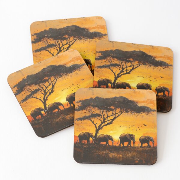 Item preview, Kenya African Savanna Sunset with Elephants and Acacia Trees designed and sold by Myra365Art.