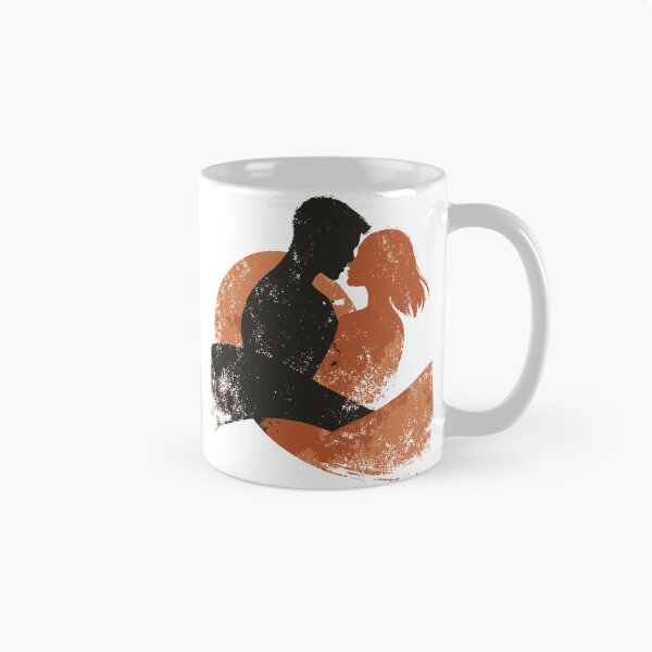 Item preview, Romantic silhouette of a couple embracing in a textured, vintage-style illustration. Warm sunset tones, moon and sun shapes create an intimate designed and sold by Dejbar.