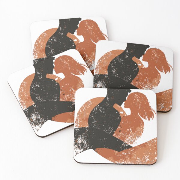 Item preview, Romantic silhouette of a couple embracing in a textured, vintage-style illustration. Warm sunset tones, moon and sun shapes create an intimate designed and sold by Dejbar.
