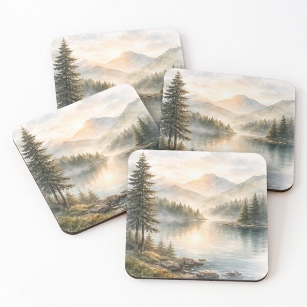 Item preview, Serene Mountain Lake Sunrise Watercolor Landscape designed and sold by myforestfog.
