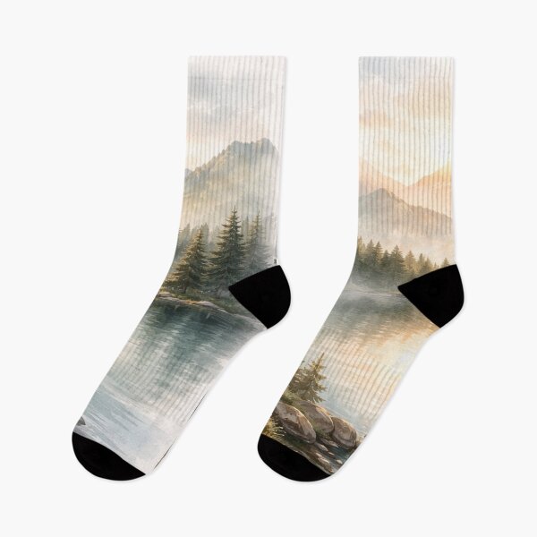 Item preview, Serene Mountain Lake Sunrise Watercolor Landscape designed and sold by myforestfog.