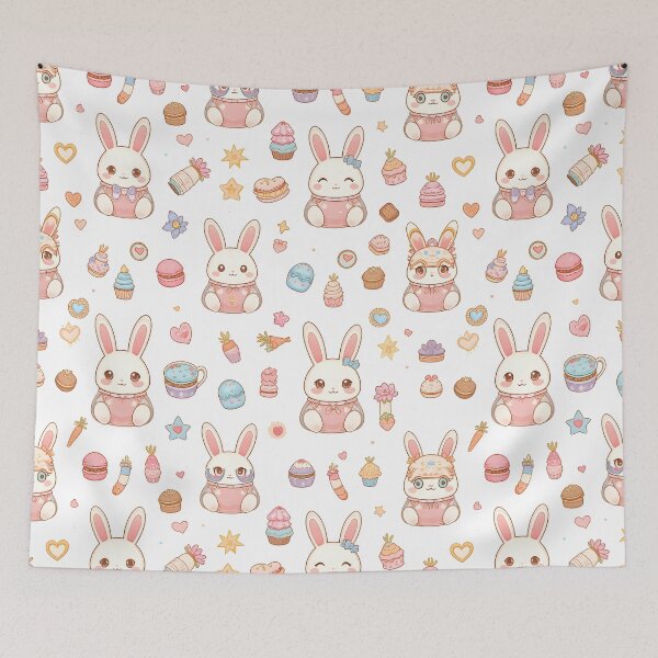 Item preview, Kawaii Bunny Café Easter - Cute Chibi Bunnies with Cupcakes Macarons Sweets Pattern designed and sold by Amplify-n-Co.