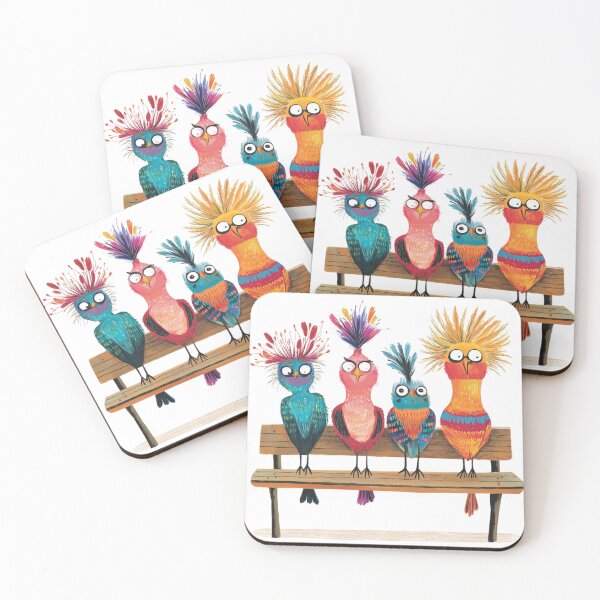 Item preview, Funny Colorful Birds on Bench, Cute Cartoon Animal Friends, Quirky Bird Illustration designed and sold by GoodMoodVibes.