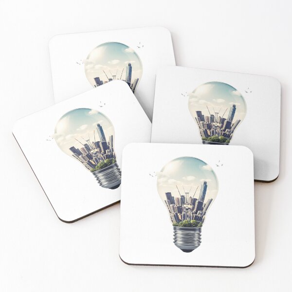 Item preview, A futuristic metropolis encased in a glowing light bulb with a silver base and a plane flying by. designed and sold by VerizalShop.