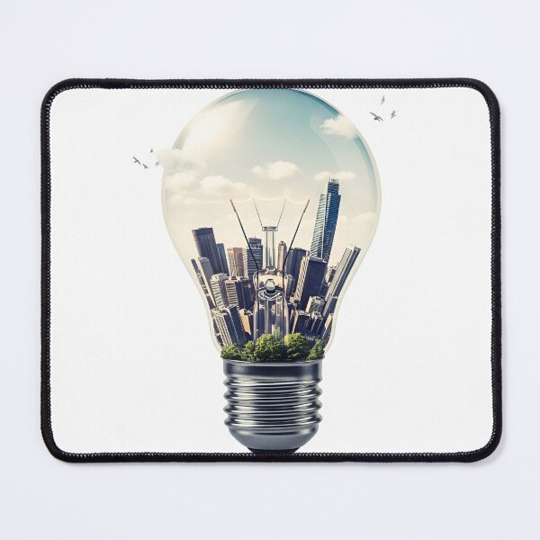 Item preview, A futuristic metropolis encased in a glowing light bulb with a silver base and a plane flying by. designed and sold by VerizalShop.