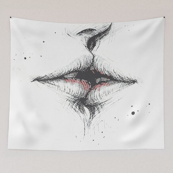Item preview, A bold black-ink sketch of lips releasing a burst of bright, multicolored hearts, conveying love, passion, and playful artistic energy designed and sold by Dejbar.