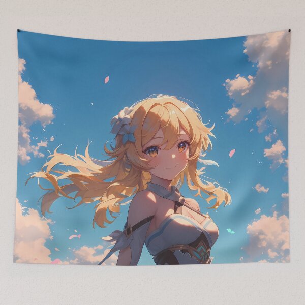 Item preview, Traveler Lumine Genshin Impact Serene Flower Meadow Under Blue Sky designed and sold by Tokyonomad.