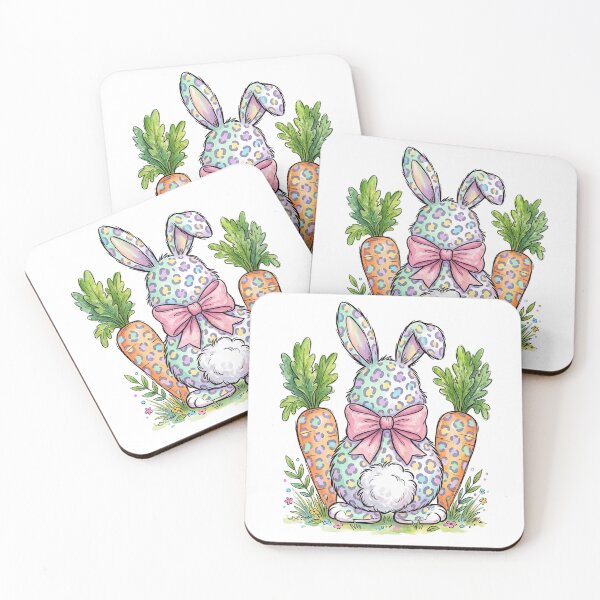 Item preview, Cute Leopard Print Easter Bunny with Pink Bow and Carrots Watercolor Illustration designed and sold by seven things shop.