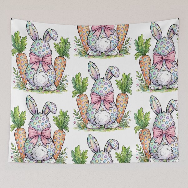 Item preview, Cute Leopard Print Easter Bunny with Pink Bow and Carrots Watercolor Illustration designed and sold by seven things shop.