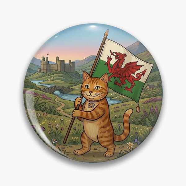 Item preview, Welsh Ginger Cat Holding Welsh Dragon Flag — Cute Patriotic Wales Cat Illustration designed and sold by MiowandMolly.