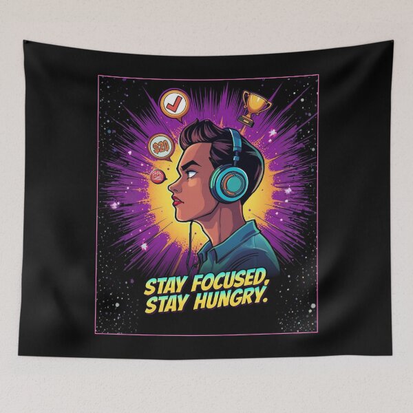 Item preview, Stay focused Stay Hungry| Motivational cartoon  Aesthetic with Typography | Cute Funny Inspirational Quote | Self Care Positivity Cartoon Design ver2 designed and sold by CosmicNook1.
