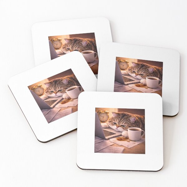 Item preview, Tired Cat Working on Laptop with Coffee – Funny Lazy Cat Life designed and sold by LovelyCatGalaxy.