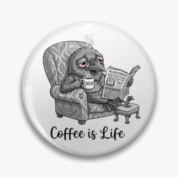 Item preview, Grumpy Tired Gothic Raven Drinking Coffee Reading Newspaper Cartoon designed and sold by PoomDesign.