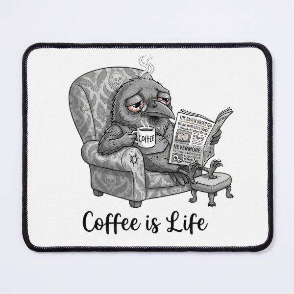 Item preview, Grumpy Tired Gothic Raven Drinking Coffee Reading Newspaper Cartoon designed and sold by PoomDesign.