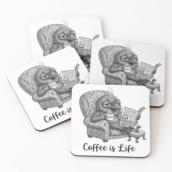 Item preview, Grumpy Tired Gothic Raven Drinking Coffee Reading Newspaper Cartoon designed and sold by PoomDesign.
