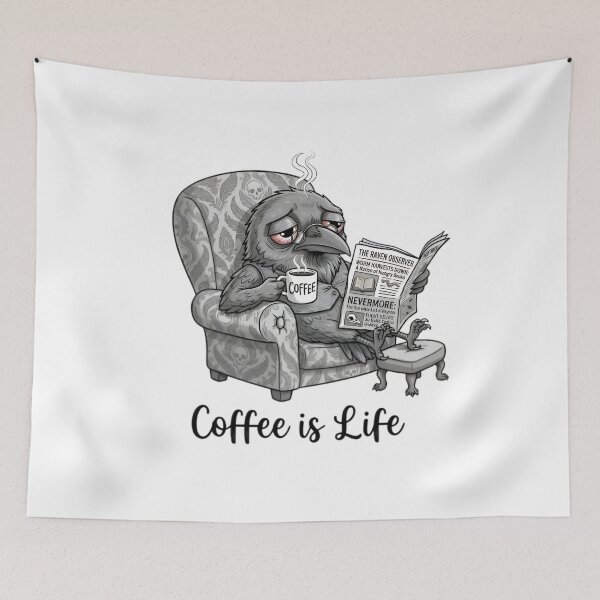 Item preview, Grumpy Tired Gothic Raven Drinking Coffee Reading Newspaper Cartoon designed and sold by PoomDesign.