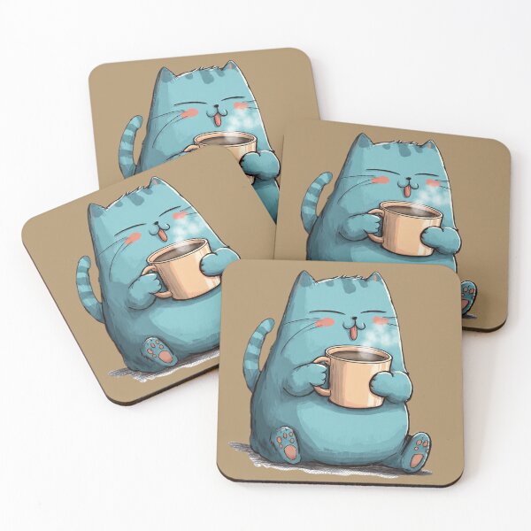 Item preview, Happy Blue Cat With Steaming Coffee Mug designed and sold by Moody Vibes Studio.
