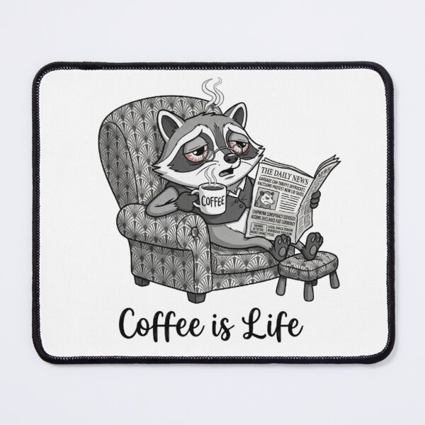 Item preview, Tired Raccoon Drinking Coffee in Armchair Reading Newspaper Cartoon designed and sold by PoomDesign.