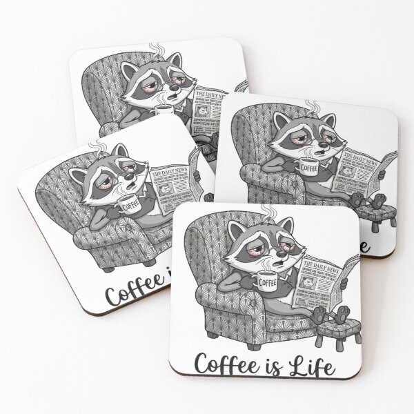 Item preview, Tired Raccoon Drinking Coffee in Armchair Reading Newspaper Cartoon designed and sold by PoomDesign.