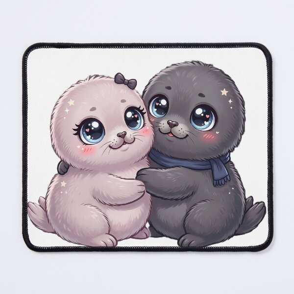 Item preview, Adorable Kawaii Seal Couple – Cute Pastel Pink and Grey Seals in Love Illustration designed and sold by Medisoultech.