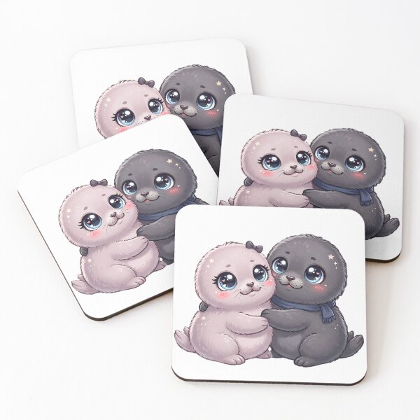Item preview, Adorable Kawaii Seal Couple – Cute Pastel Pink and Grey Seals in Love Illustration designed and sold by Medisoultech.