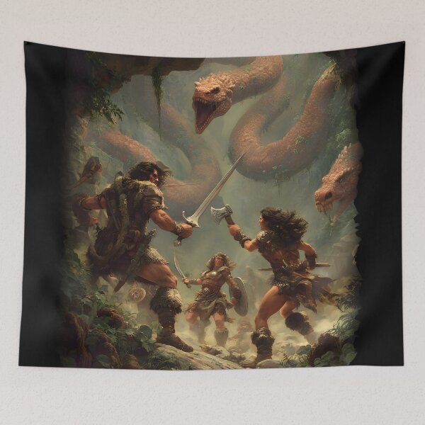 Item preview, Group of Barbarians Fighting Huge Serpents - Fantasy RPG designed and sold by Mission Ready.