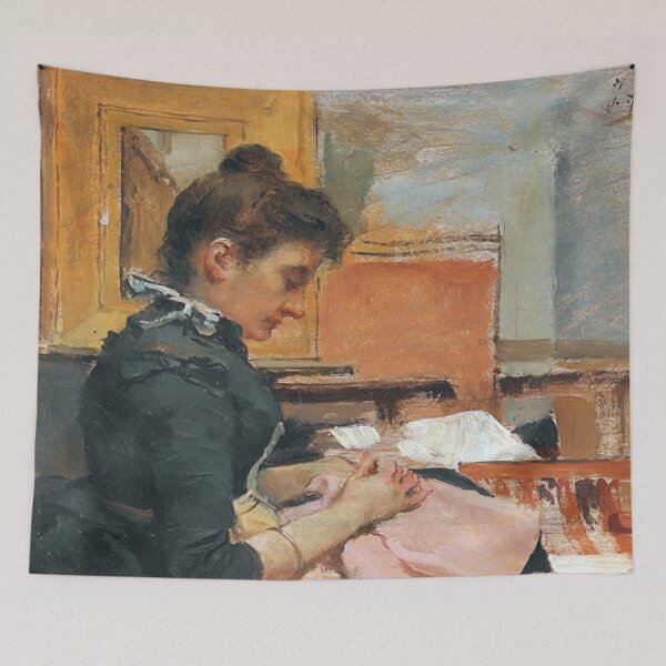 Item preview, Interior with woman embroidering designed and sold by SharonTheFirst.