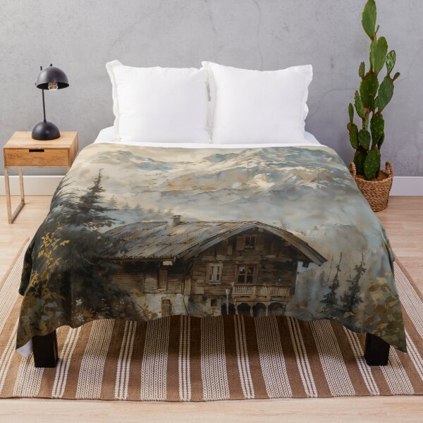 Item preview, Vintage Alpine Mountain Chalet Landscape Oil Painting designed and sold by Sergey Sedunov.