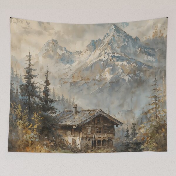 Item preview, Vintage Alpine Mountain Chalet Landscape Oil Painting designed and sold by Sergey Sedunov.