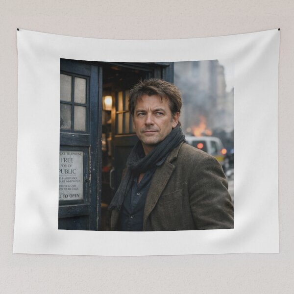 Item preview, Time Traveler Standing Near Blue Police Box designed and sold by NiceArtsPlace.