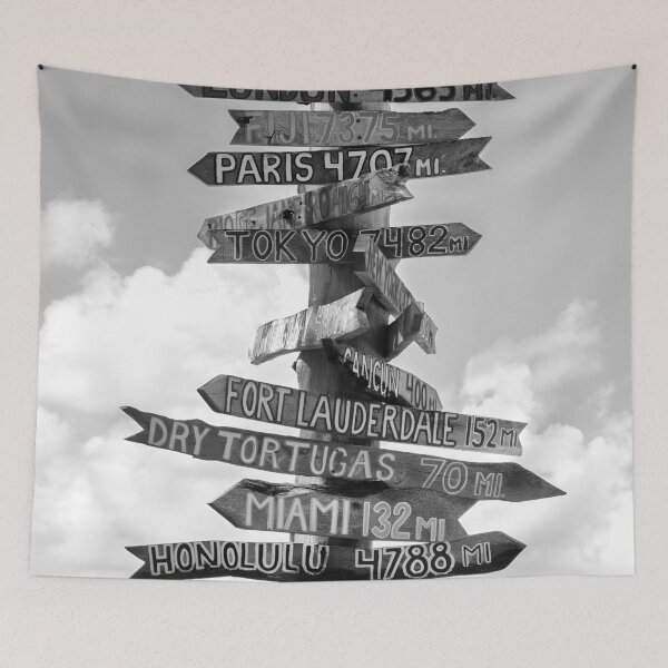 Item preview, Fort Zachary Taylor Beach, Key West direction sign to London, Paris, Nassau, Honolulu, Hawaii black and white photograph designed and sold by Astrid Arkhangelsky.