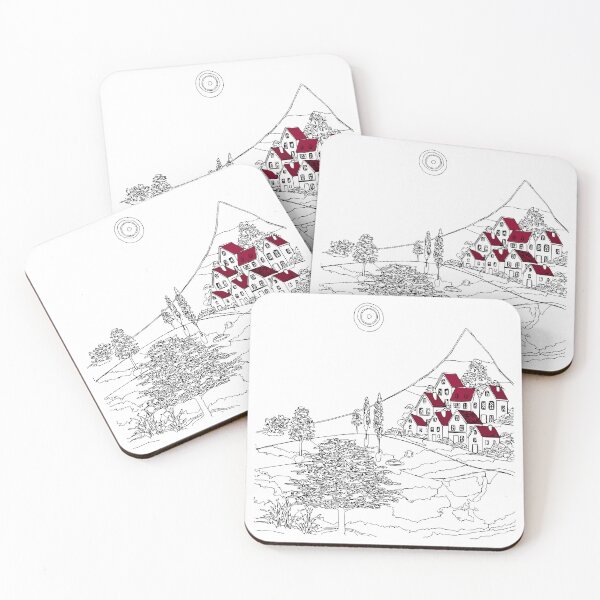Item preview, Mountain Village Line Art with Red Roofs designed and sold by busurman.