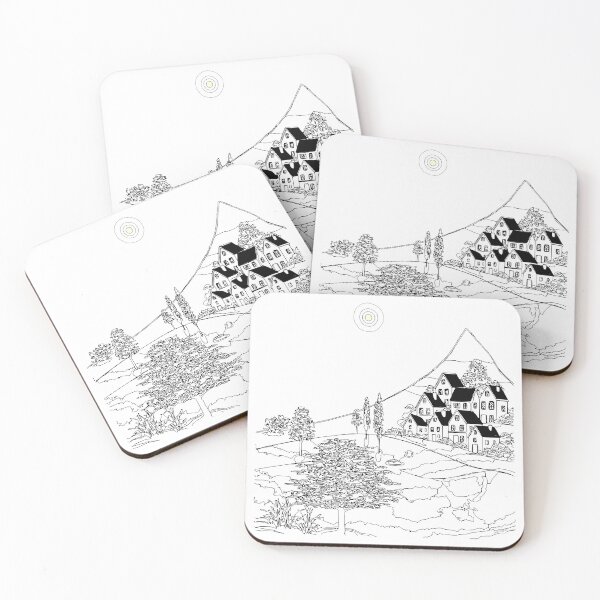 Item preview, Minimal Mountain Village Line Art with Abstract Sun designed and sold by busurman.
