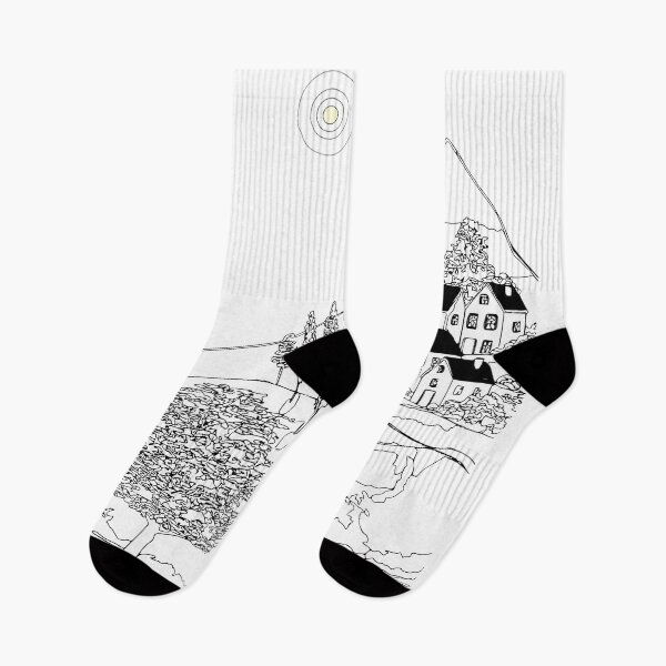 Item preview, Minimal Mountain Village Line Art with Abstract Sun designed and sold by busurman.