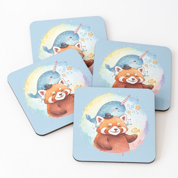 Item preview, Cute Red Panda & Narwhal Watercolor Fantasy Illustration designed and sold by StickyDelights.