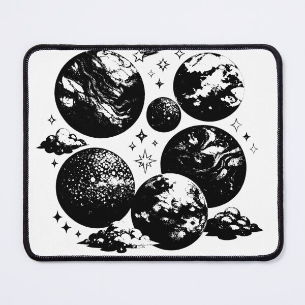 Item preview, Planets with different artistic styles (watercolor, marble, pointillism) (black and white ver) designed and sold by Moonshroomarts.