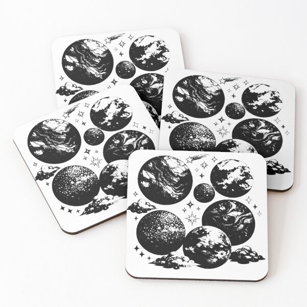 Item preview, Planets with different artistic styles (watercolor, marble, pointillism) (black and white ver) designed and sold by Moonshroomarts.