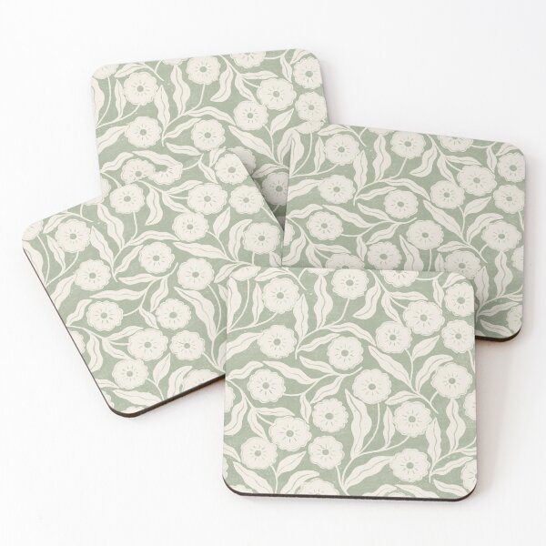 Item preview, Delicate block print pastel sage green and cream floral | Soft cottagecore design designed and sold by Illustrated by Nat.