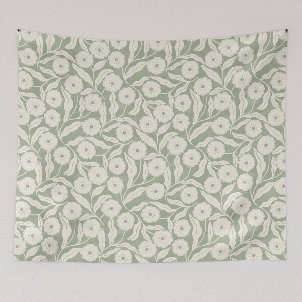 Item preview, Delicate block print pastel sage green and cream floral | Soft cottagecore design designed and sold by Illustrated by Nat.