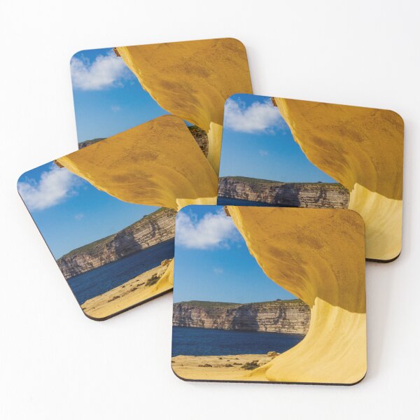 Item preview, Golden Sandstone Cliff Overlooking Deep Blue Sea With Distant Stratified Coastal Cliffs And Clear Sky designed and sold by Nmallia.