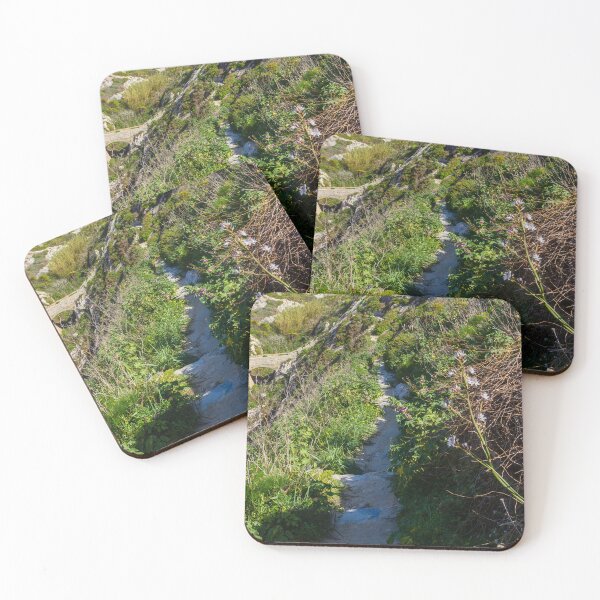 Item preview, Narrow Rocky Path Along Green Hillside With Wildflowers and Old Stone Bridge in Sunlight designed and sold by Nmallia.
