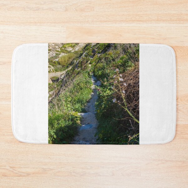 Item preview, Narrow Rocky Path Along Green Hillside With Wildflowers and Old Stone Bridge in Sunlight designed and sold by Nmallia.