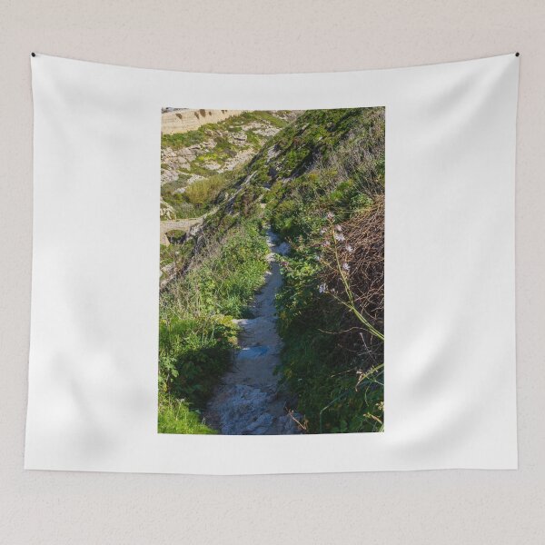 Item preview, Narrow Rocky Path Along Green Hillside With Wildflowers and Old Stone Bridge in Sunlight designed and sold by Nmallia.