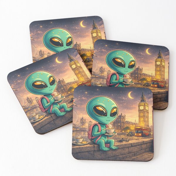 Item preview, Cute Alien Tea Time in London with Big Ben and Red Bus designed and sold by Creative Universe ©.