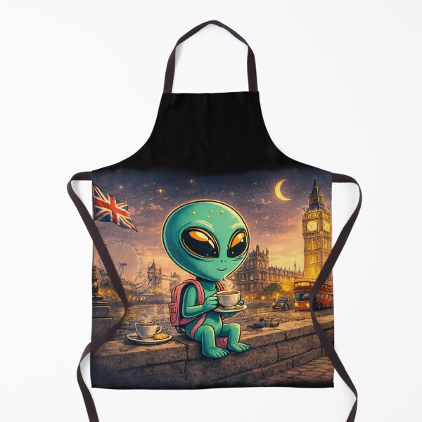 Item preview, Cute Alien Tea Time in London with Big Ben and Red Bus designed and sold by Creative Universe ©.