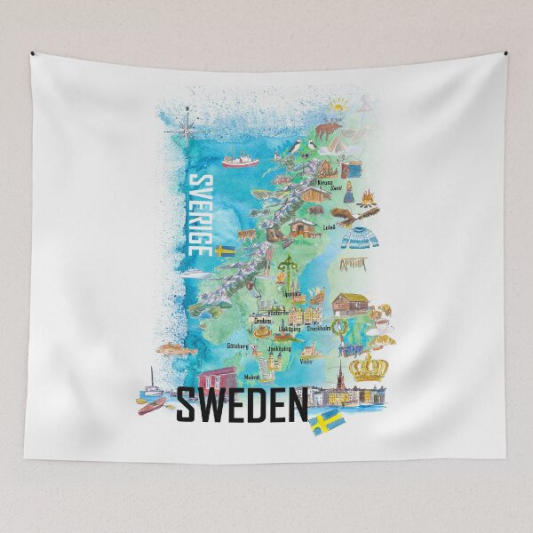 Item preview, Illustrated Sweden Country Map with Iconic Landmarks & Highlights designed and sold by artshop77.