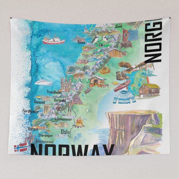 Item preview, Illustrated Norway Country Map with Iconic Landmarks & Highlights designed and sold by artshop77.