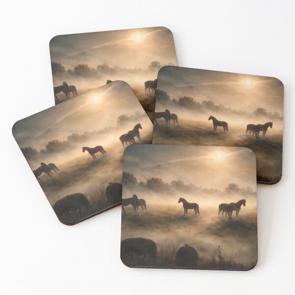 Item preview, Dawn Mist Over Grazing Horses designed and sold by cuprum.