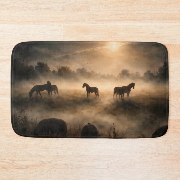 Item preview, Dawn Mist Over Grazing Horses designed and sold by cuprum.