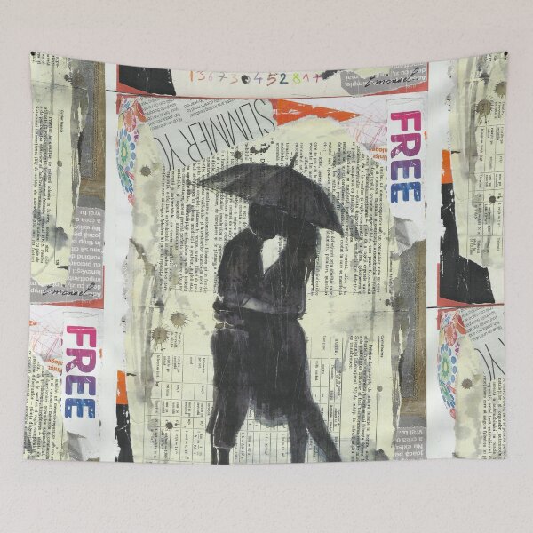 Item preview, Couple in Rain Silhouette Art – Romantic Urban Collage Aesthetic for Love and Relationship Decor designed and sold by art2print.
